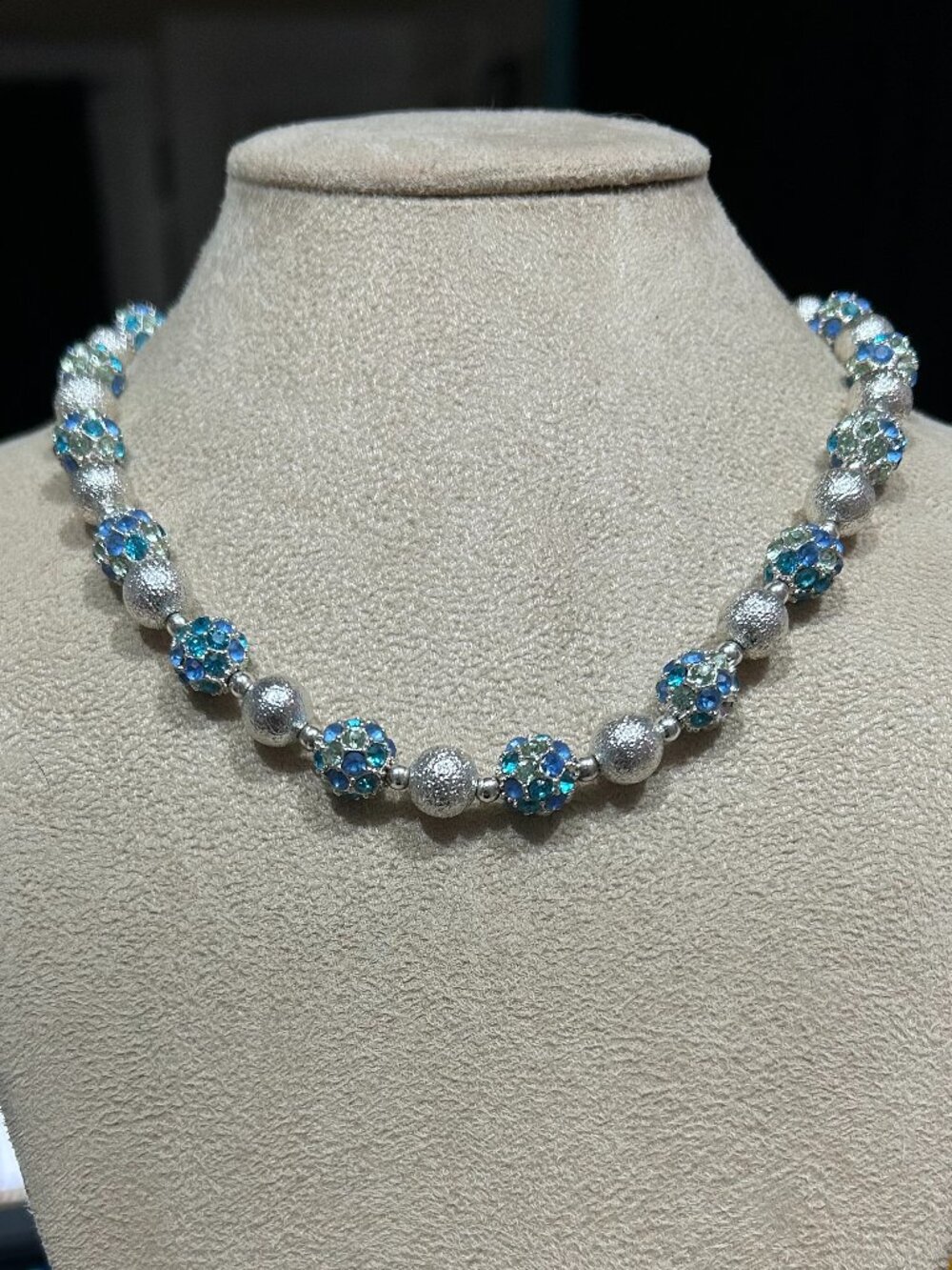 Silver Tone Aqua Blue Rhinestone Pave Disco Ball Beaded Collar Necklace